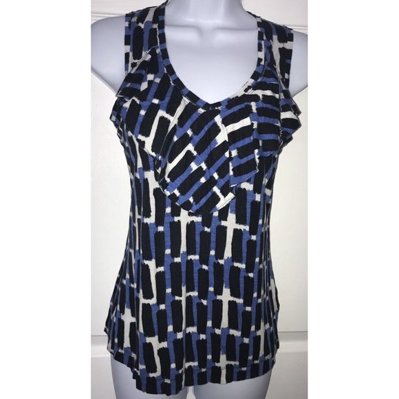 Banana Republic Blue Black White Ruffled Rayon Lyocell Knit Tank Sz XS - Picture 2 of 8